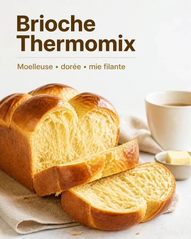Recette thermomix brioche moelleuse et filante, dorée et tranchée sur table claire
