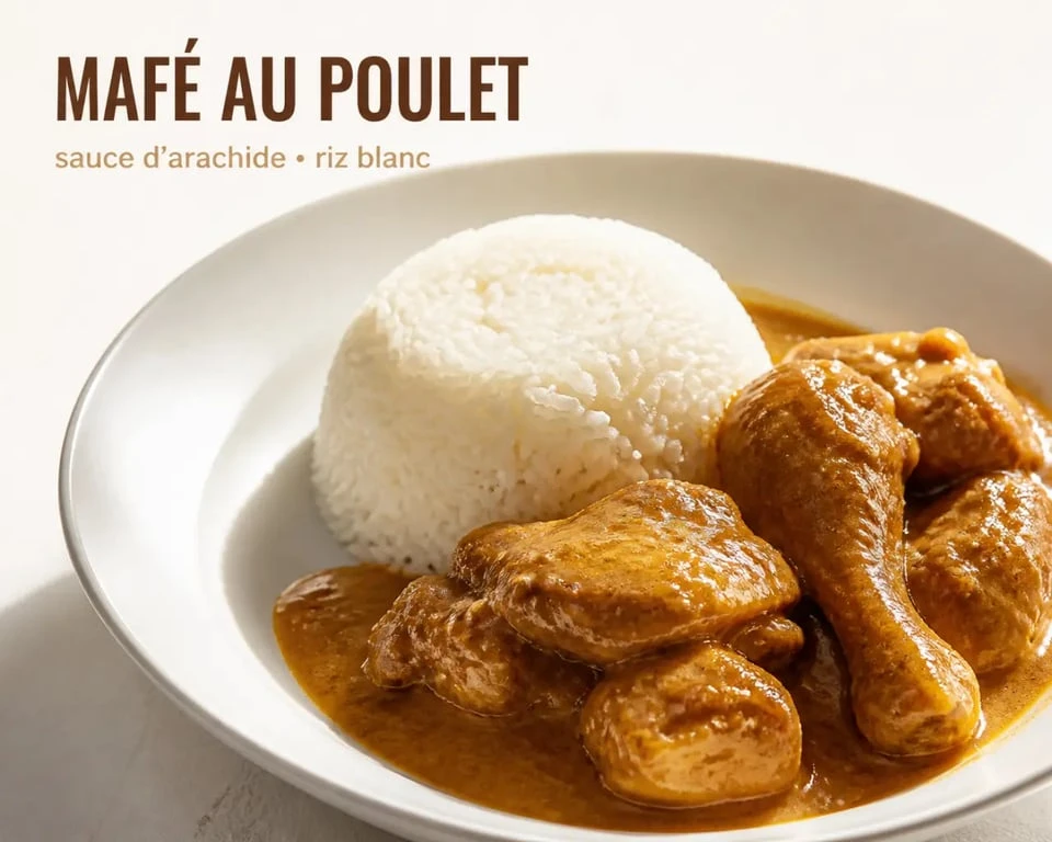 Recette mafé au poulet en assiette creuse avec sauce d'arachide et riz blanc