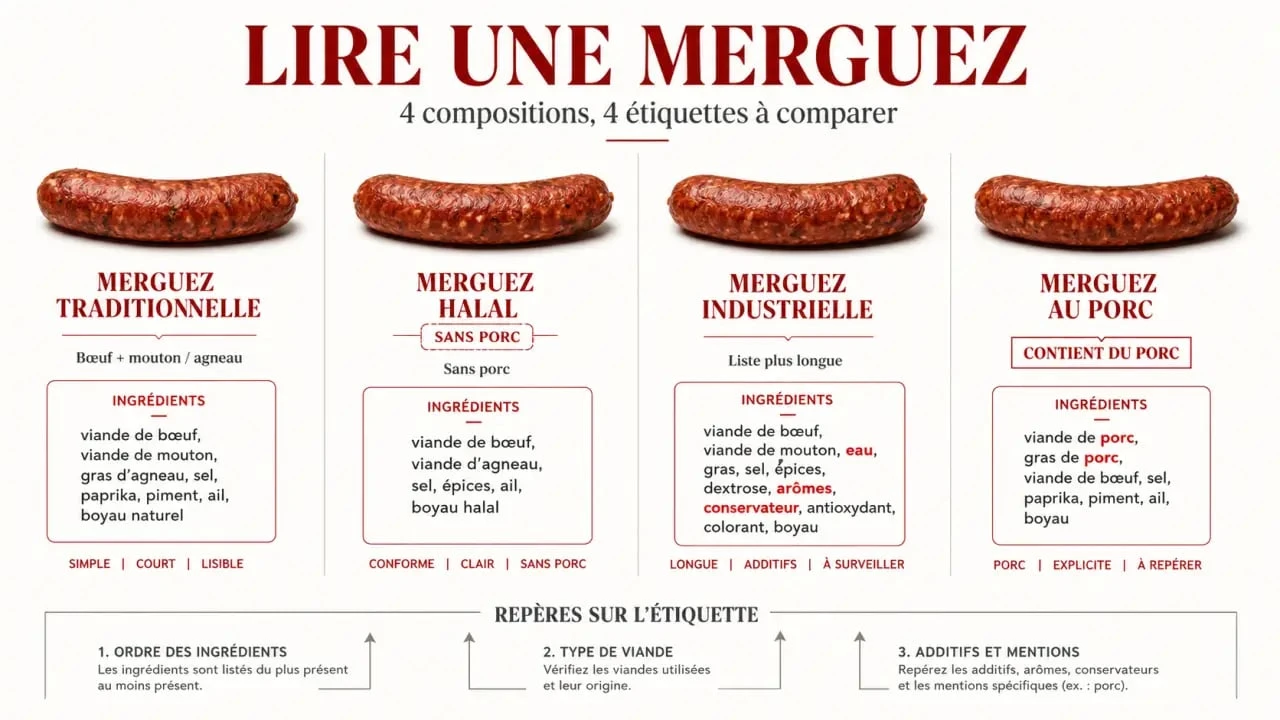 Merguez quelle viande : comparaison visuelle entre merguez traditionnelle, halal, industrielle et au porc