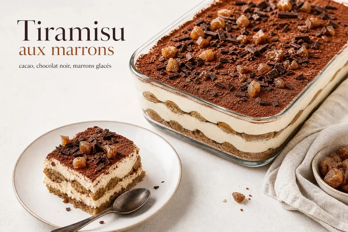 Tiramisu aux marrons crémeux en plat familial, décoré de cacao et copeaux de chocolat