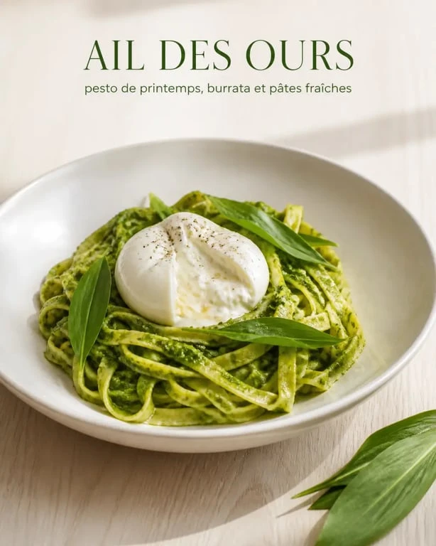 Ail des ours en cuisine : pesto vert servi sur pâtes fraîches et burrata