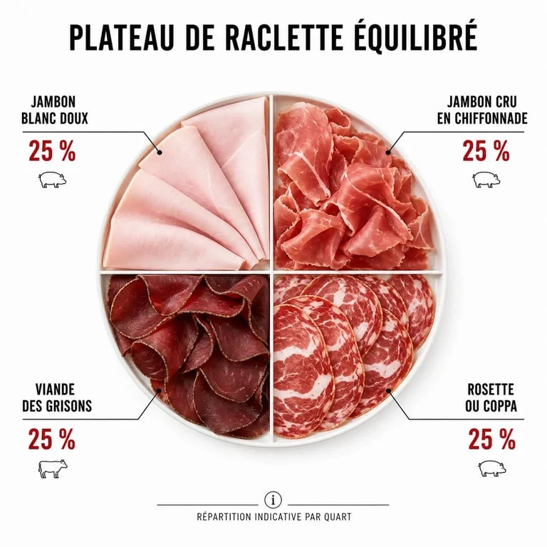 Viande pour la raclette : plateau équilibré avec jambon blanc, jambon cru, viande des Grisons, rosette et coppa