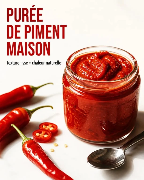 Purée de piment maison en bocal en verre avec piments frais autour
