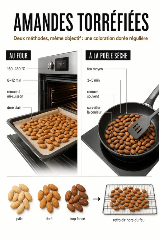 Amandes torréfiées au four et à la poêle, comparaison visuelle des temps et de la coloration dorée