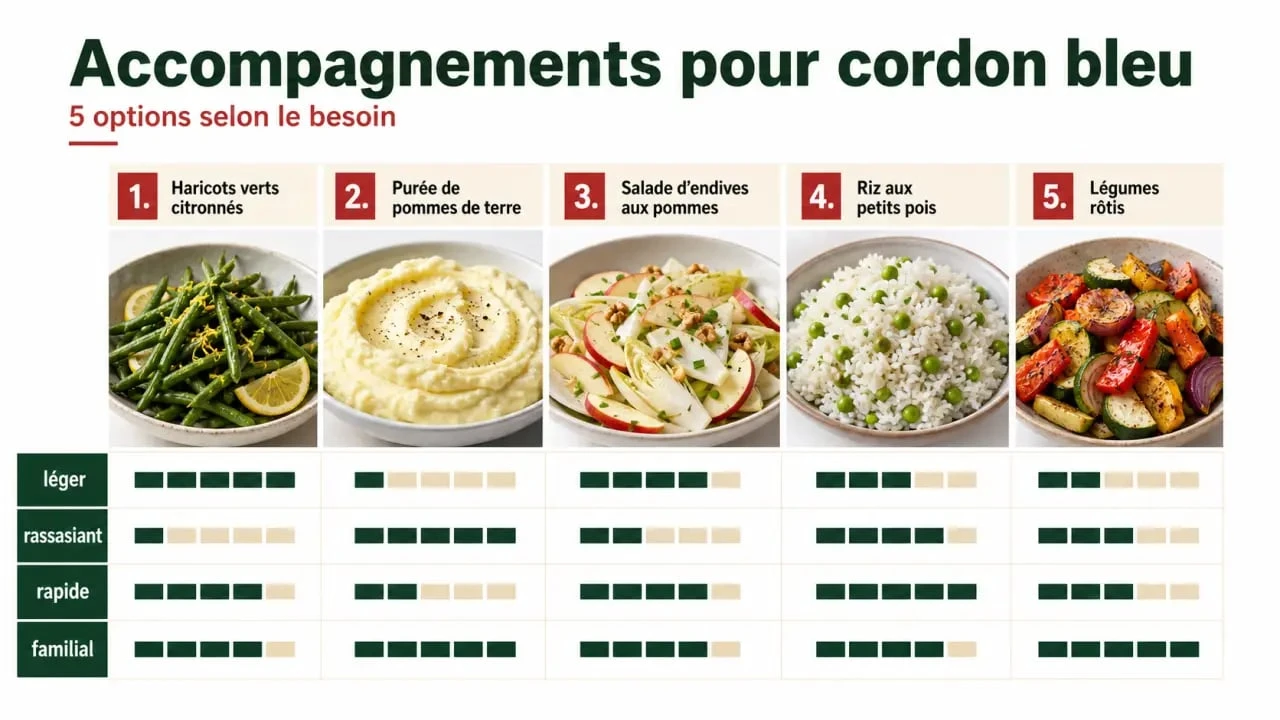 Accompagnements cordon bleu : comparaison visuelle des options légères, rassasiantes, rapides et familiales