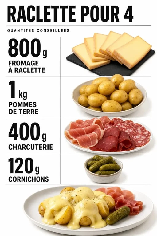 Raclette pour 4 personnes : visuel des quantités de fromage, pommes de terre, charcuterie et cornichons