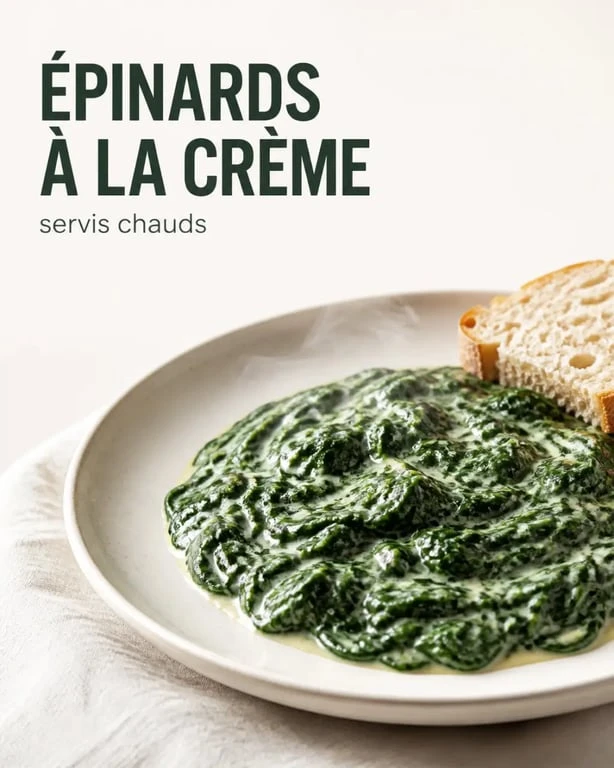 epinard a la creme surgelé, épinards crémeux servis chauds en accompagnement dans une assiette claire