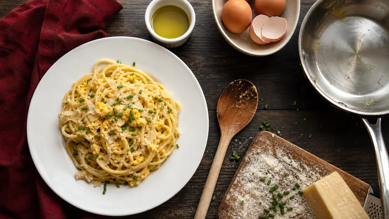 pate aux oeuf recette : spaghettis aux œufs brouillés et parmesan