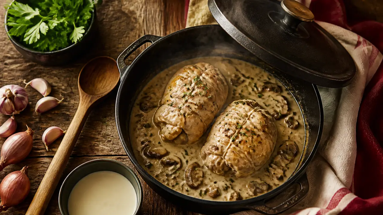 Recette paupiette de poulet crème aux champignons, cocotte vapeur et sauce fondante