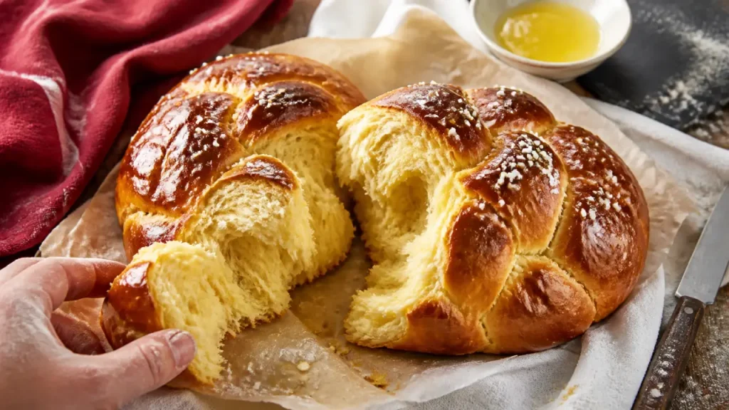 Brioche Thermomix à mie filante : 2 brioches, beurre ajouté après pétrissage et cuisson en deux temps