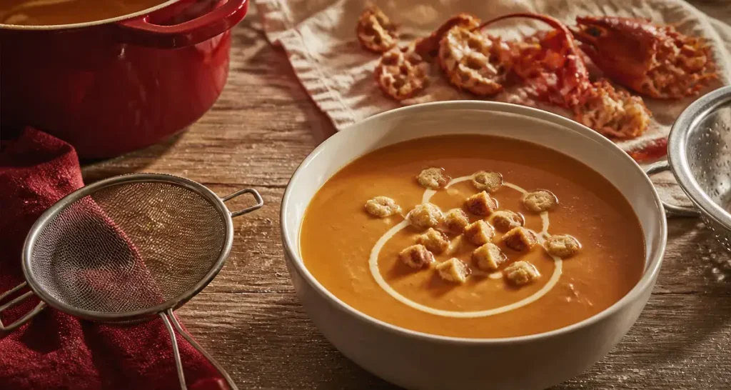 Bisque de homard maison : carcasses dorées, filtrage en 3 passages et crème finale