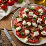 Salade mozzarella tomate avec tomates et mozzarella, égouttée pour éviter l’excès d’eau