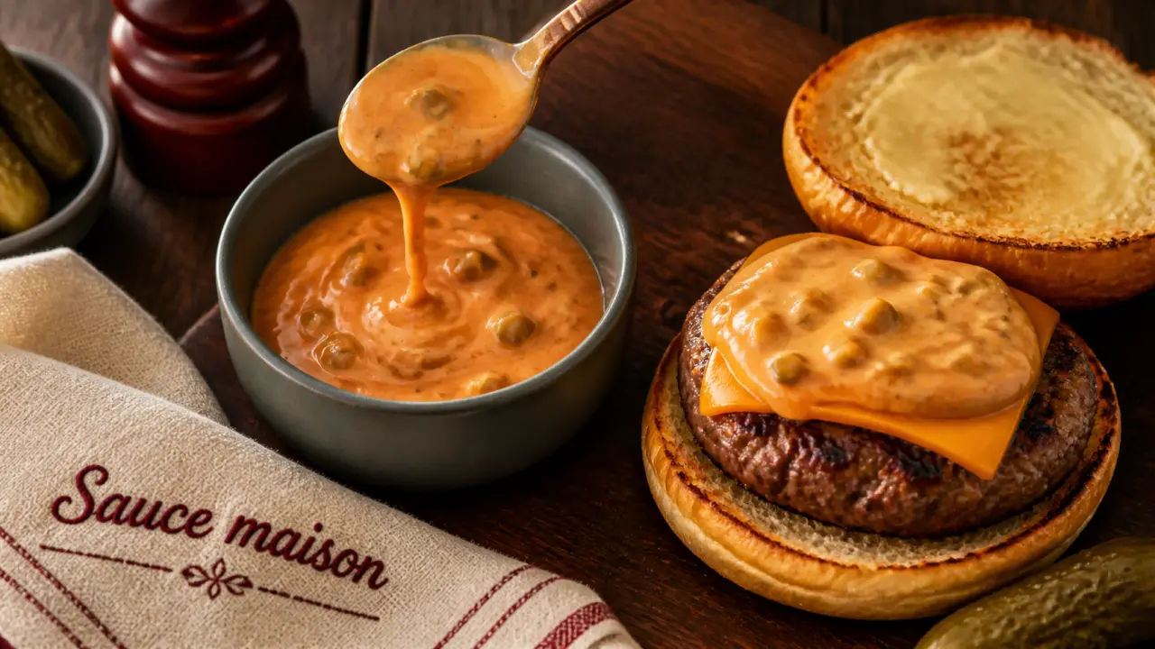 Sauce maison pour hamburger crémeuse et acidulée, ketchup moutarde cornichons