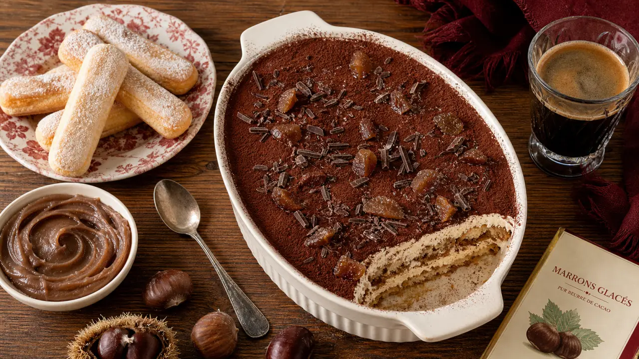 Tiramisu aux marrons en couches, cacao et copeaux de chocolat noir