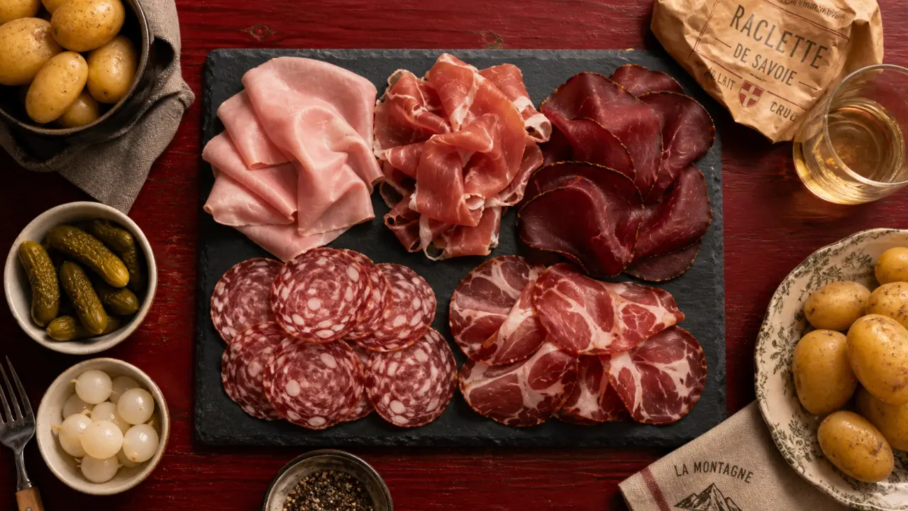 Viande pour la raclette : charcuteries, jambon cru et Grisons sur ardoise