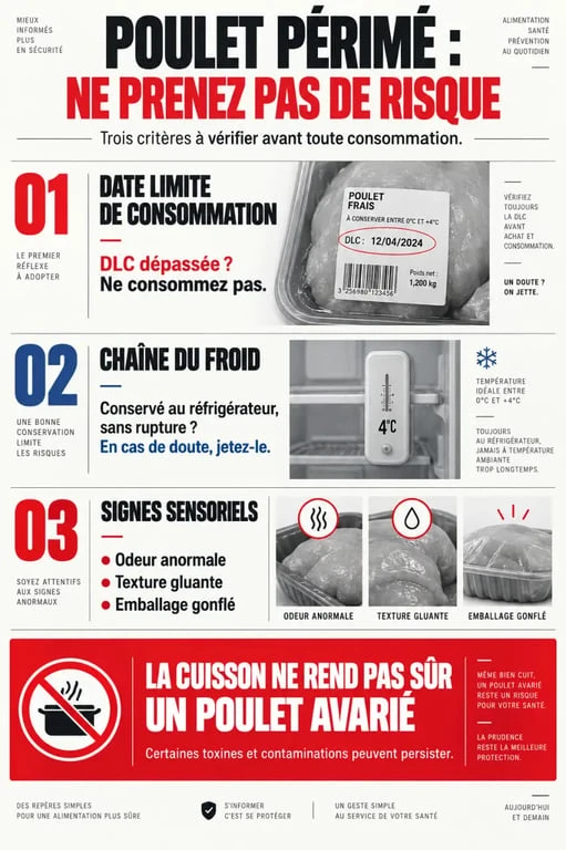 Infographie sur le poulet périmé : DLC, chaîne du froid et signes d’altération