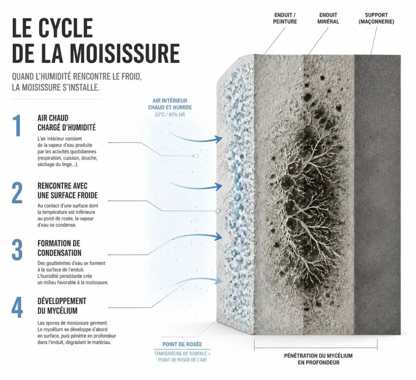 Schéma du cycle de formation de la moisissure mur, de la condensation au développement du mycélium