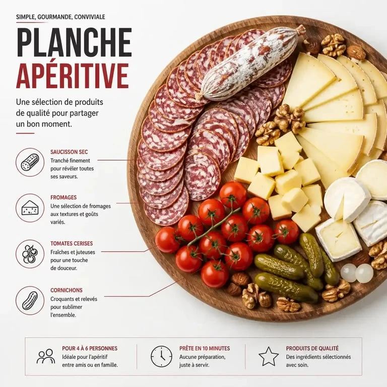 Planche apéritive gourmande avec saucisson apéritif, fromages et crudités