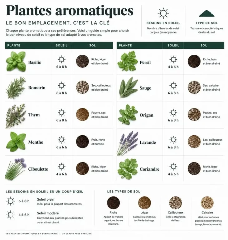 Infographie classification plantes potager aromatique soleil sol