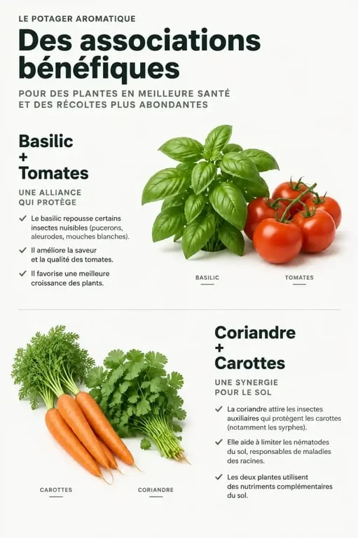 Infographie compagnonnage potager aromatique basilic tomate
