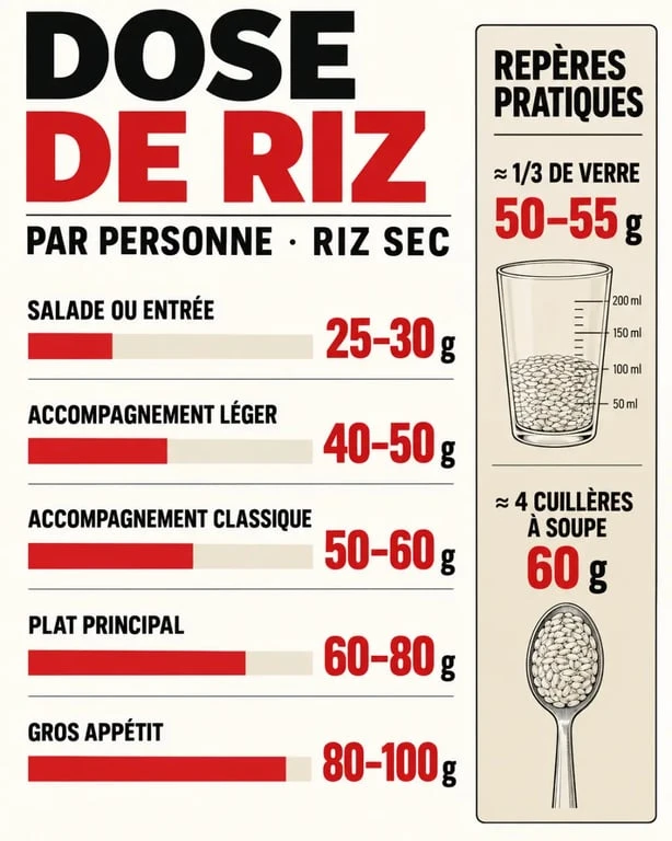 Infographie sur la dose de riz par personne selon le type de repas