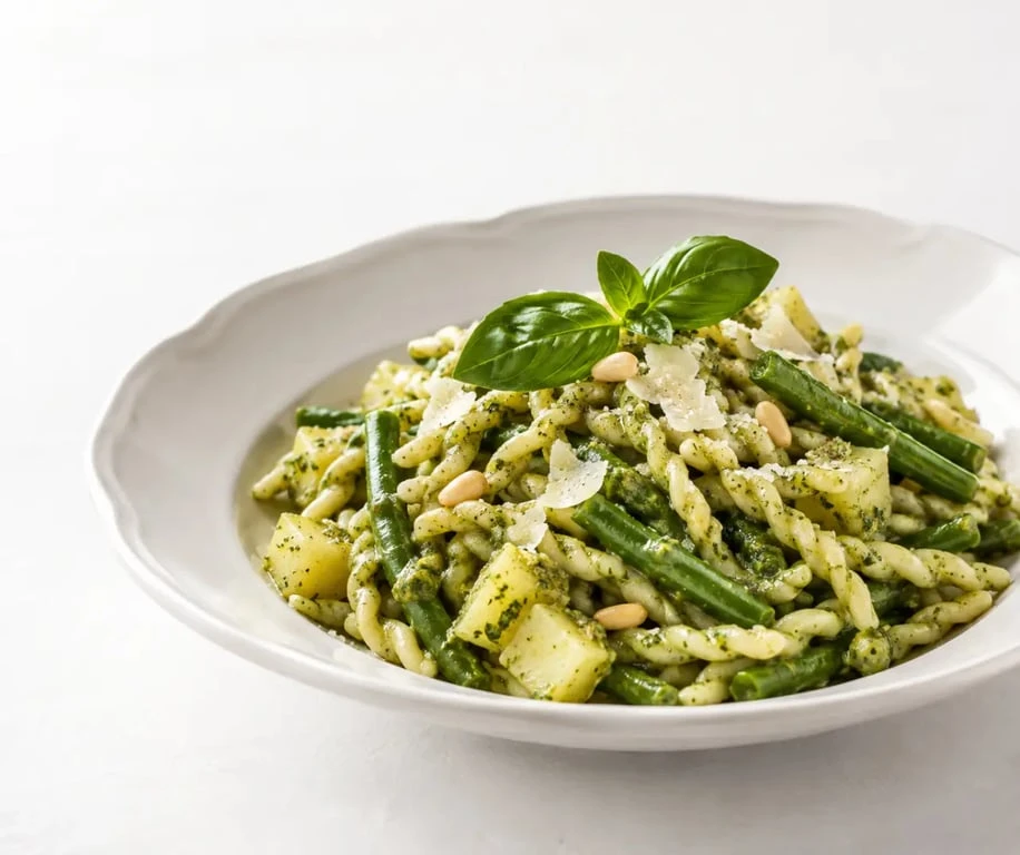 Recette de pesto italien alla Genovese servi avec des trofie, des haricots verts et des pommes de terre