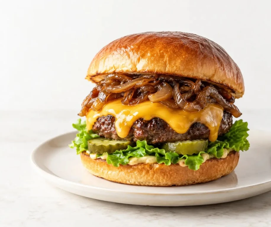 Oignon caramélisé burger avec cheddar fondu et pain toasté