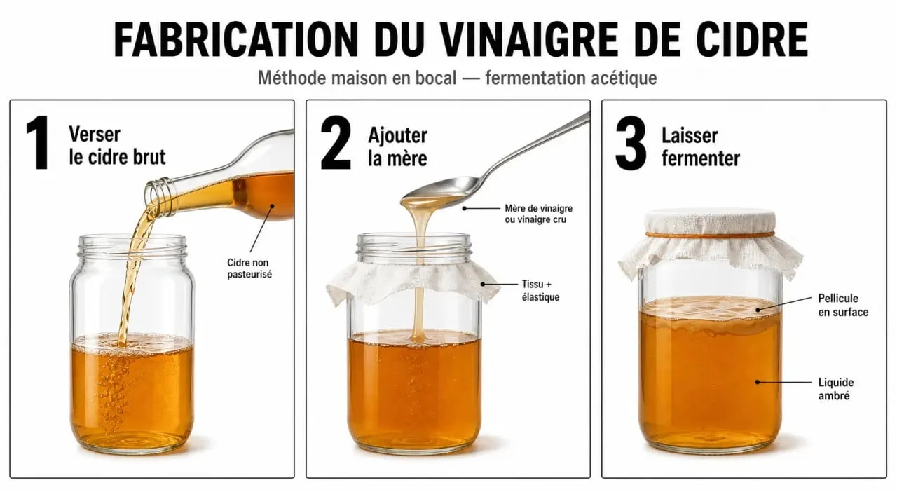 Comment faire vinaigre de cidre : schéma des étapes de fermentation en bocal