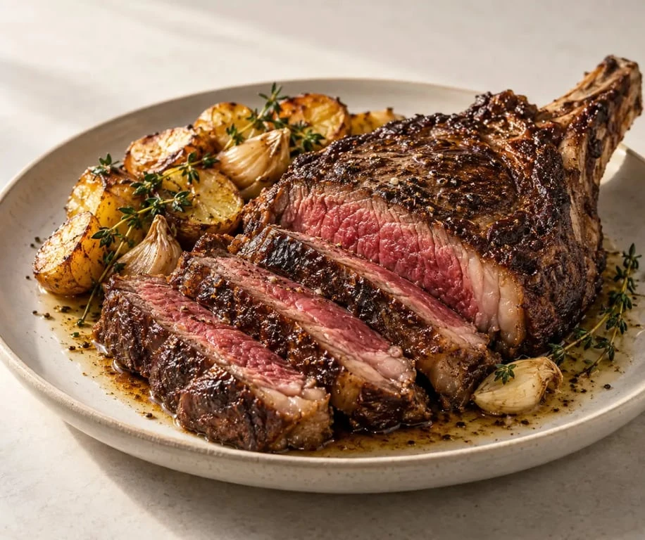 Viande maturé : côte de bœuf maturée saignante avec pommes de terre rôties