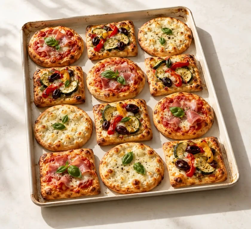 Pizza apero composée de mini pizzas variées sur une plaque