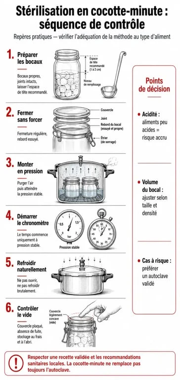 Processus de tableau temps de stérilisation en cocotte minute avec étapes de sécurité
