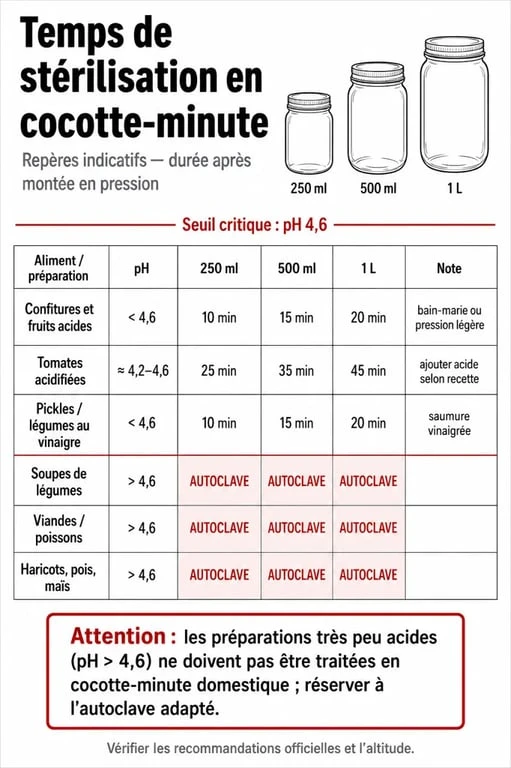 Tableau temps de stérilisation en cocotte minute par aliment et volume de bocal