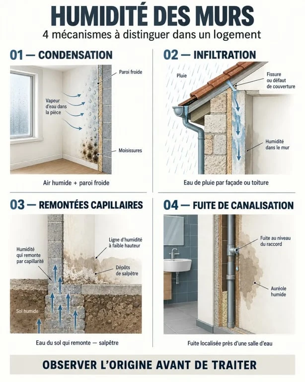 Humidité des murs : schéma des causes comme la condensation, l'infiltration et les remontées capillaires