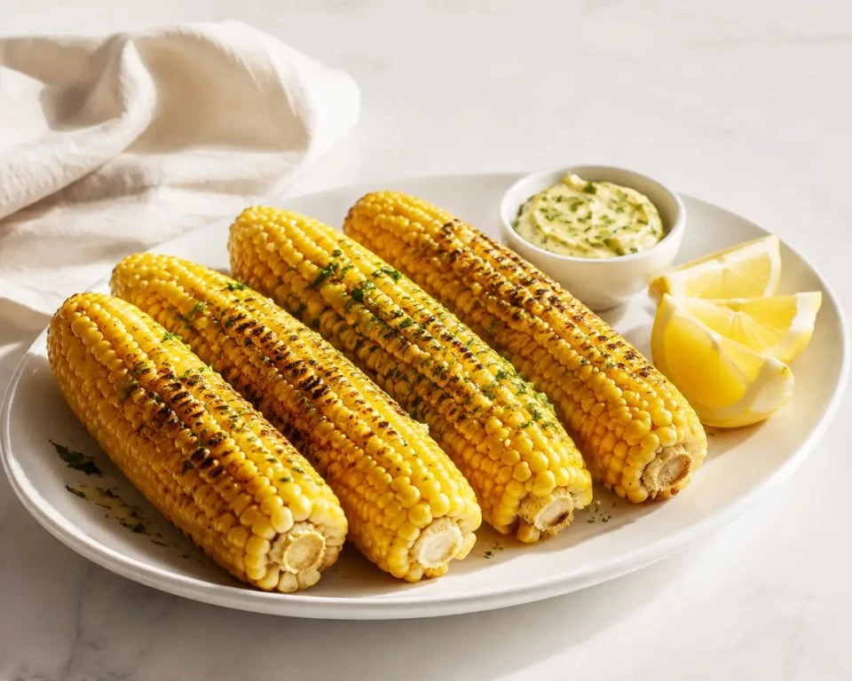 Maïs au grill doré servi avec beurre ail-persil et citron