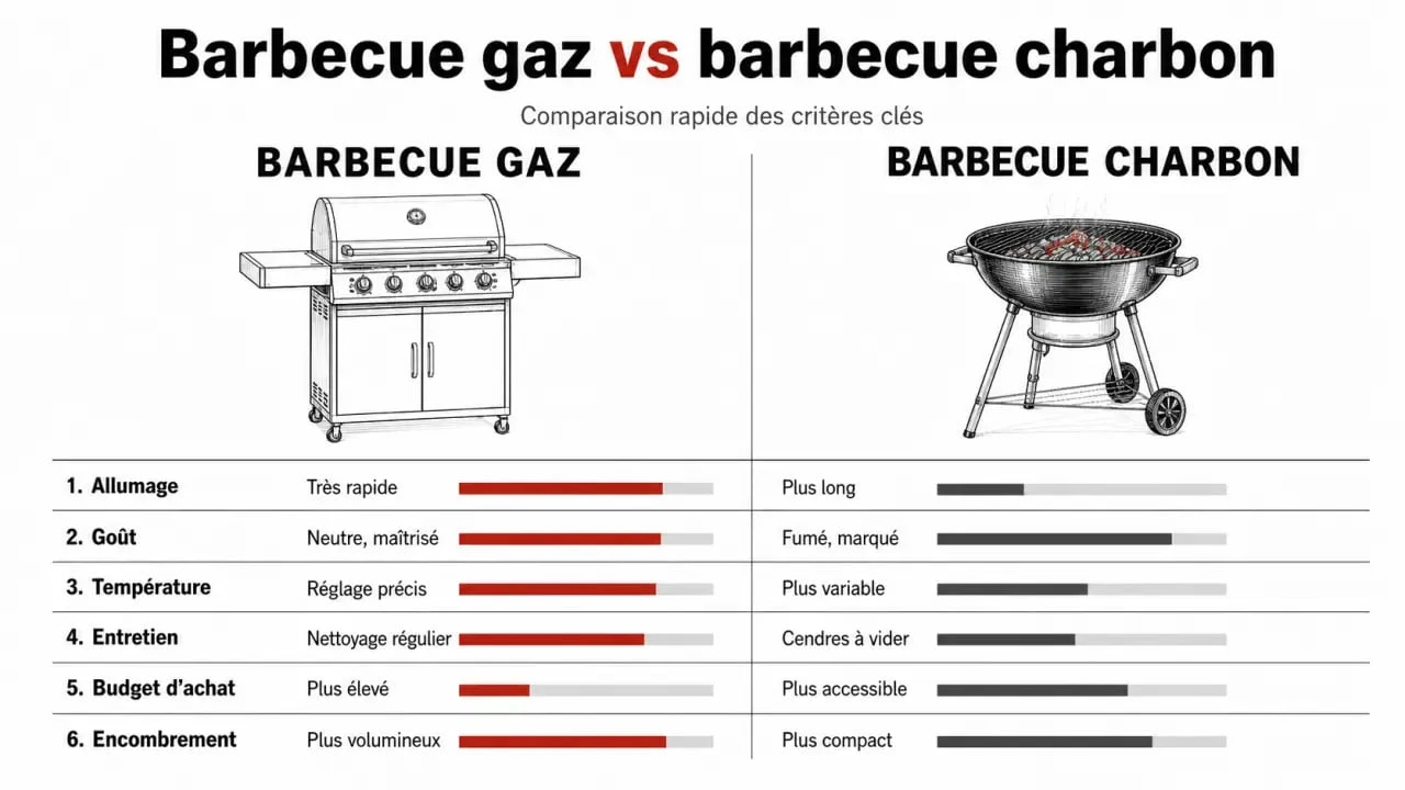 Barbecue gaz ou charbon : infographie comparative des critères de choix