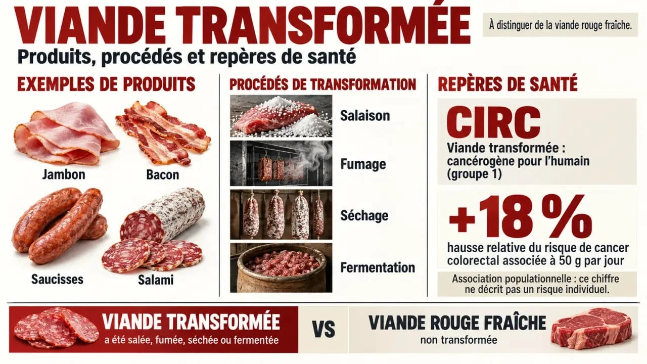 Infographie sur la viande transformée, ses exemples, ses procédés et le risque colorectal