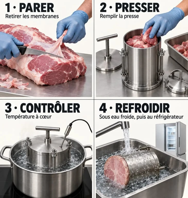 Étapes de préparation du jambon maison avec presse et sonde