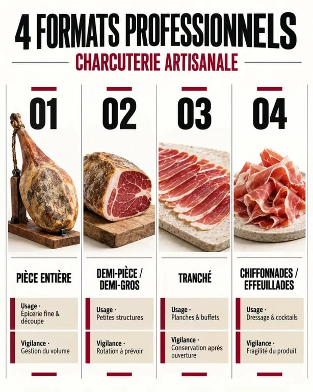 Formats professionnels chez un fournisseur de charcuterie artisanale et leurs usages