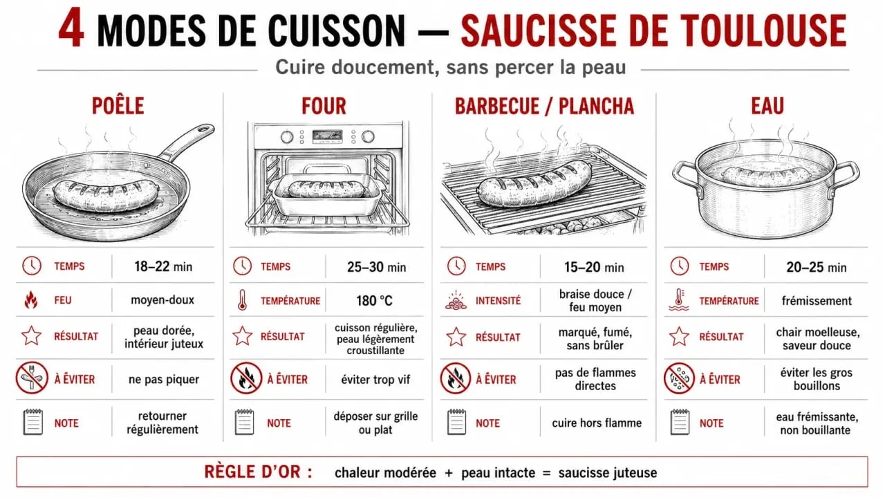 Comment faire cuire les saucisses de Toulouse : infographie des temps, températures et gestes à éviter selon le mode de cuisson