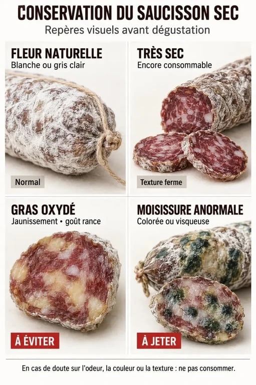 Conservation saucisson : reconnaître la fleur naturelle, le produit trop sec, le gras rance et les moisissures anormales