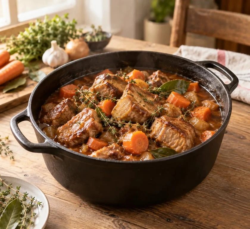 Sauté de porc à l’ancienne aux carottes servi dans une cocotte