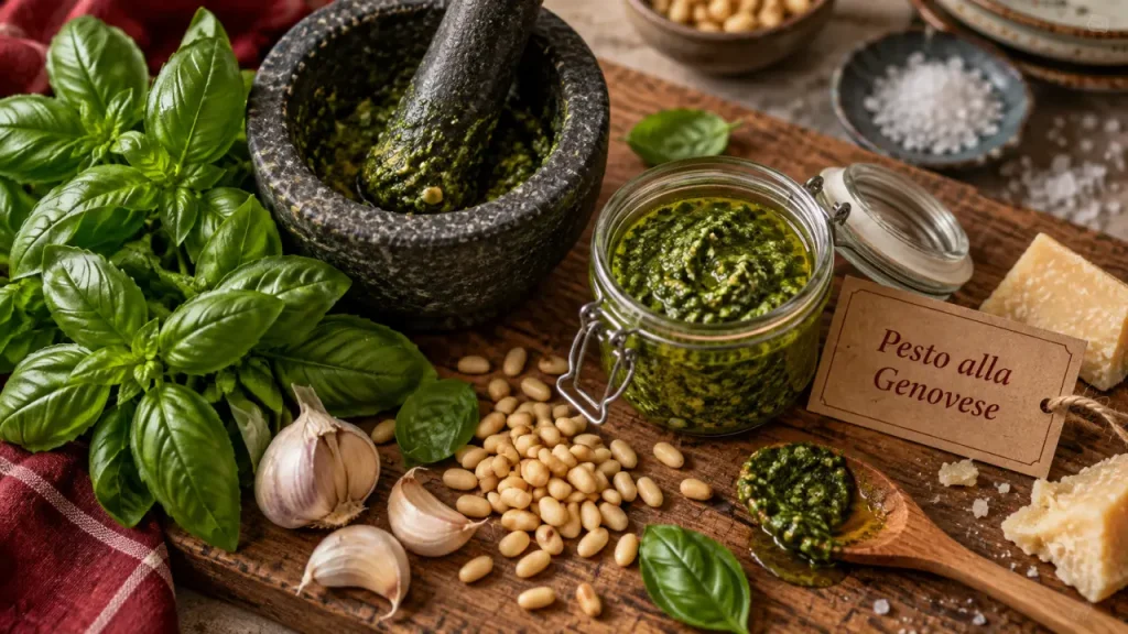 Pesto italien : le geste qui garde le basilic vert et les pâtes brillantes