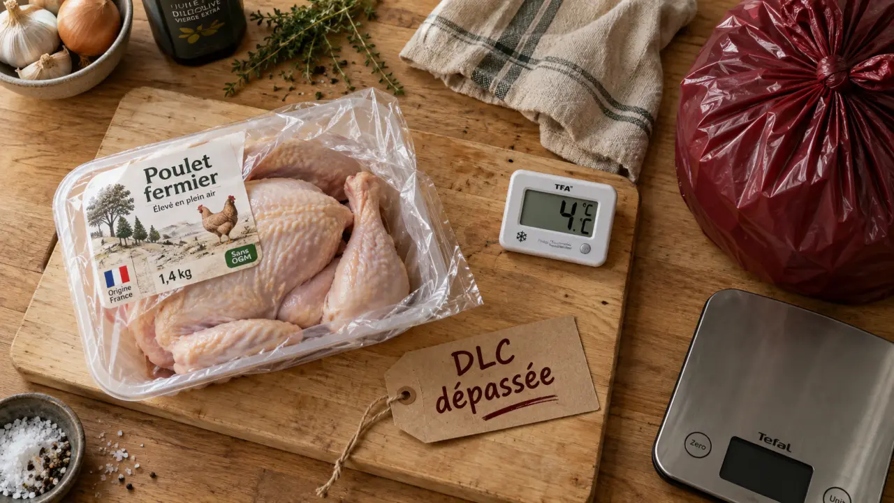 Poulet perime avec étiquette DLC dépassée et thermomètre réfrigérateur