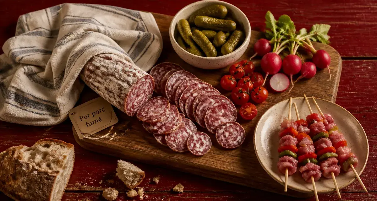 Saucisson apéritif tranché sur planche apéritive, cornichons et radis