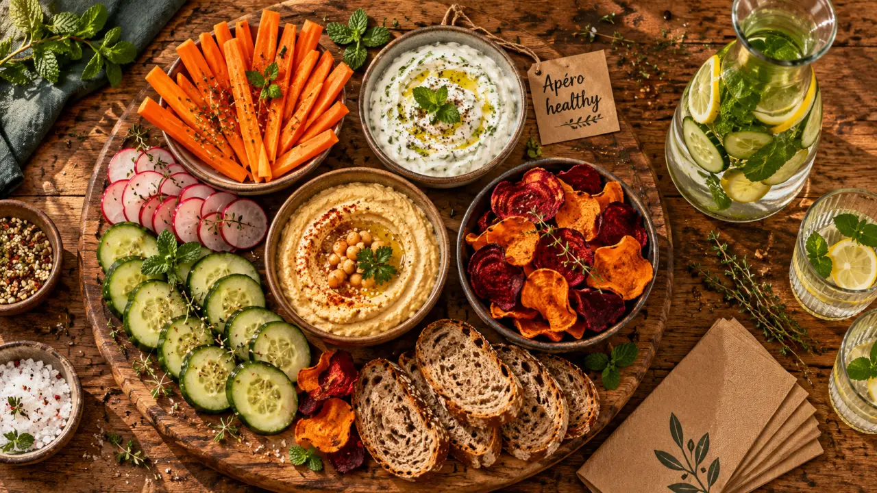 Apéro health : planche croquante crudités, tzatziki et houmous