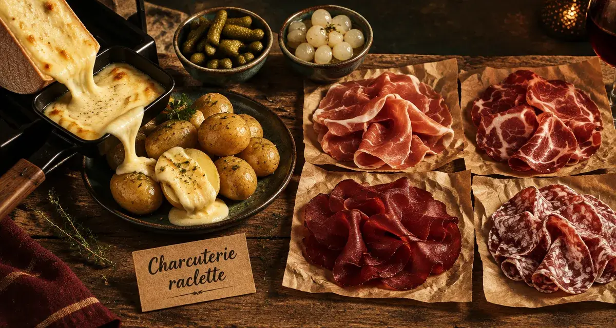 Charcuterie pour raclette sur plateau avec fromage et pommes de terre