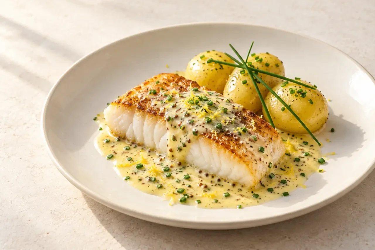 Sauce cremeuse pour poisson au citron et à la moutarde servie sur un filet de cabillaud