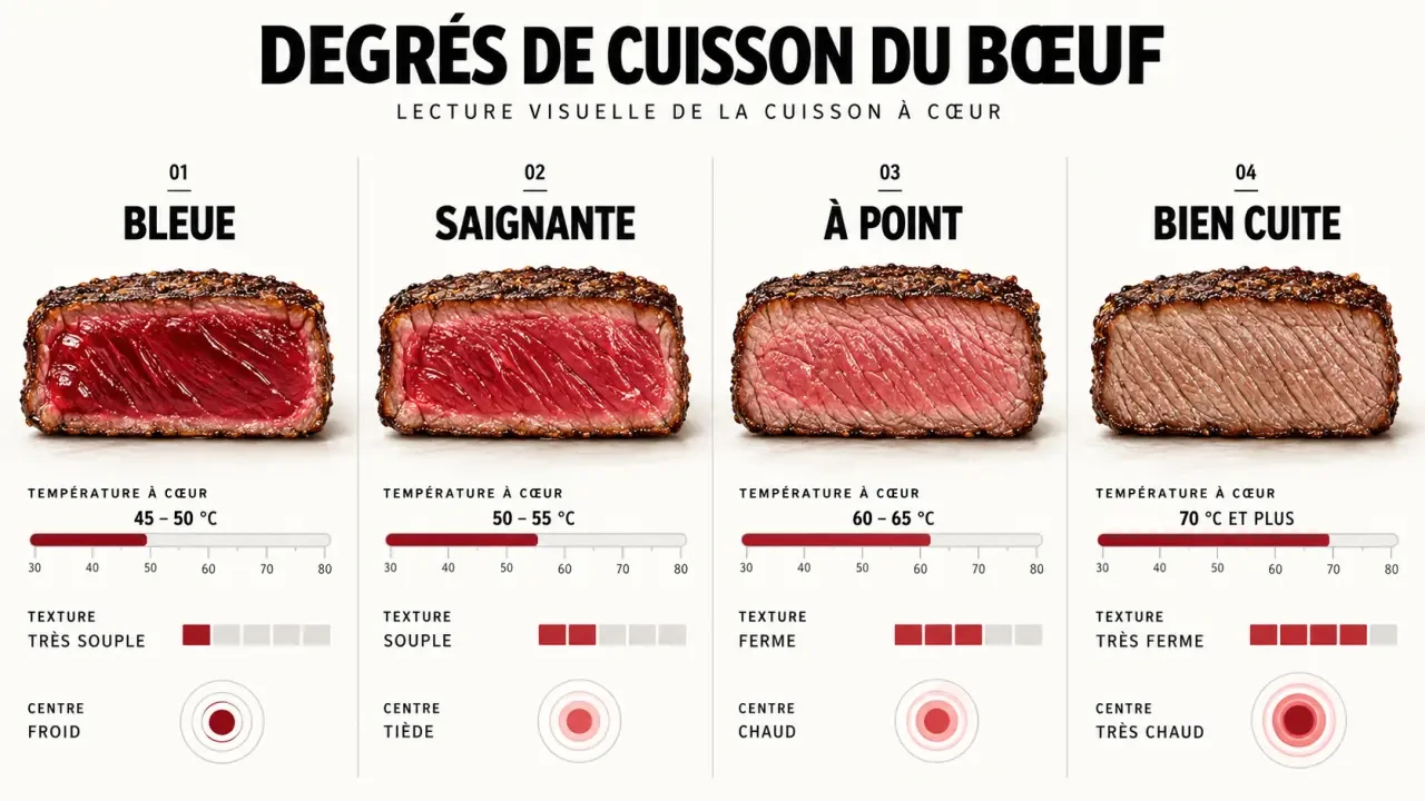 Infographie comparative sur la cuisson de la viande saignante, bleue, à point et bien cuite