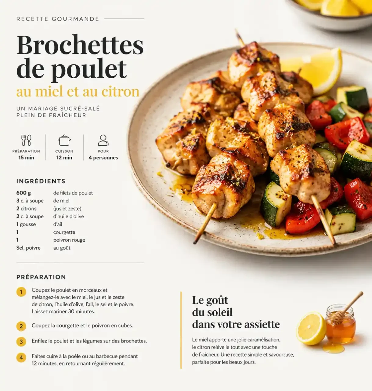 Marinades : brochettes de poulet au miel et au citron grillées