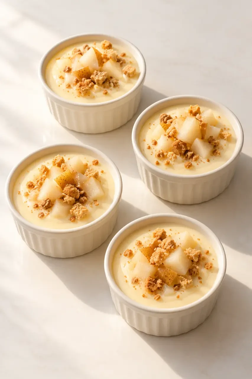 Crème de lait maison servie en ramequins avec poire et biscuit